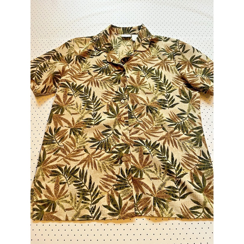 Anna Tropical Leaf Print Button Front Blouse Women Medium Resort Casual Olive